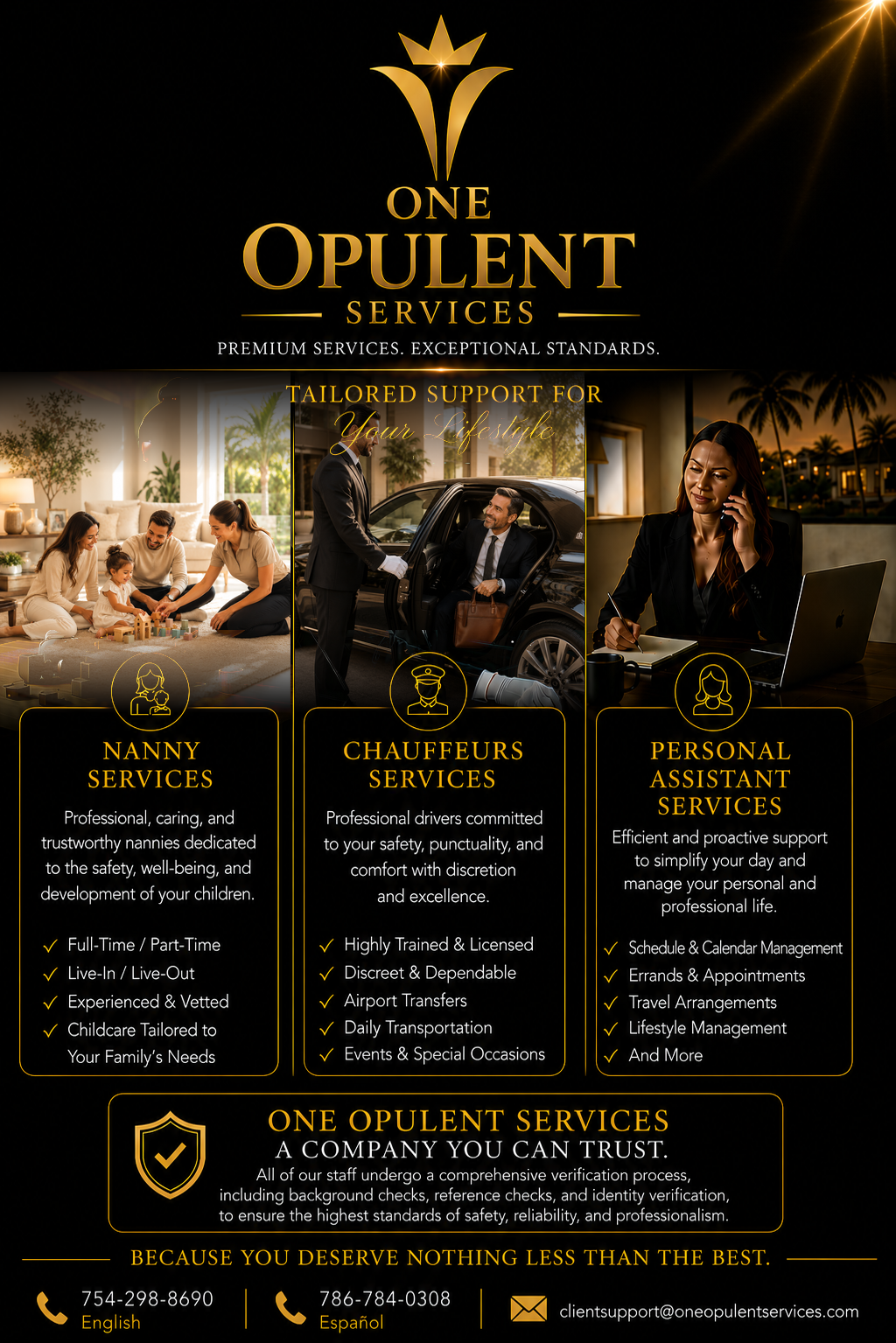One Opulent Services brochure — nanny, chauffeur and personal assistant services