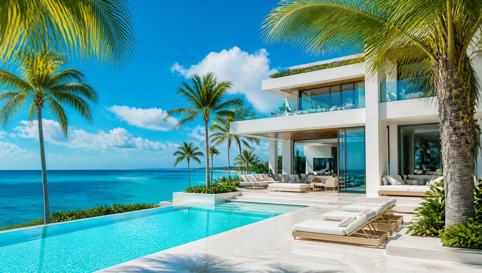 Luxury waterfront villa with infinity pool and palm trees under a vivid blue sky